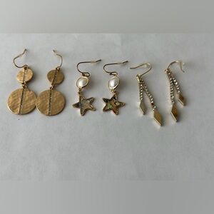 Lot of 3 Gold Tone Dangle Earrings / Fashion Jewelry / Not Real Gold